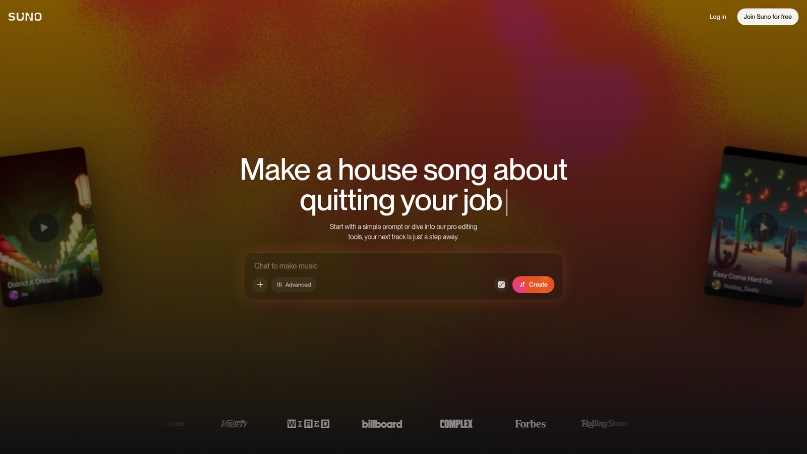 SUNO - Homepage Screenshot